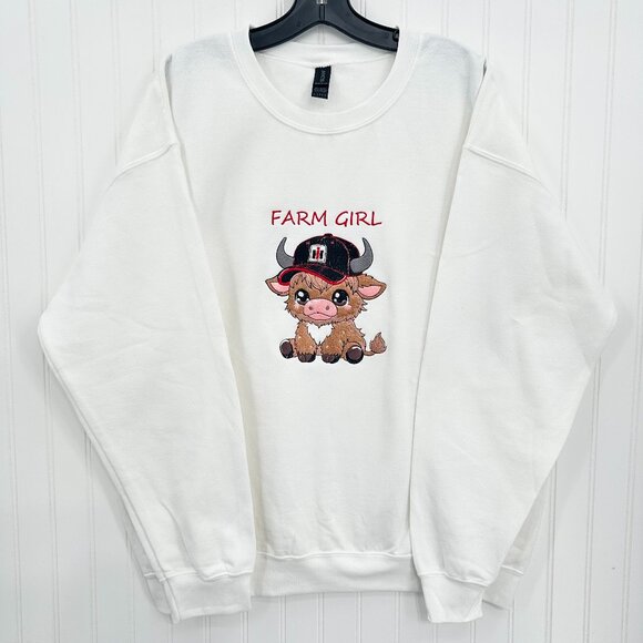 Highland Cow Sweatshirt Case IH Farm Girl Embroidered Adult Unisex Crewneck - Picture 2 of 5